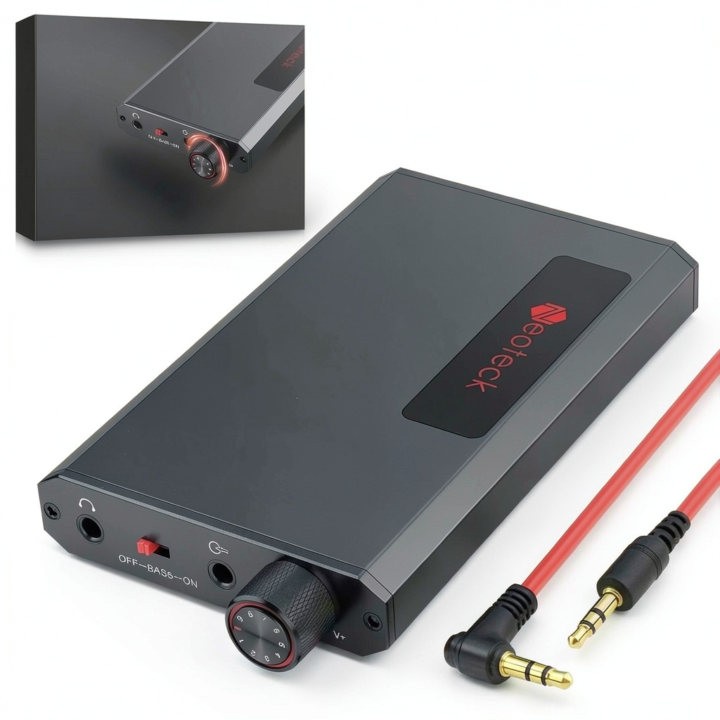Neoteck Bluetooth Headphone Amplifier on a coffee table with headphones