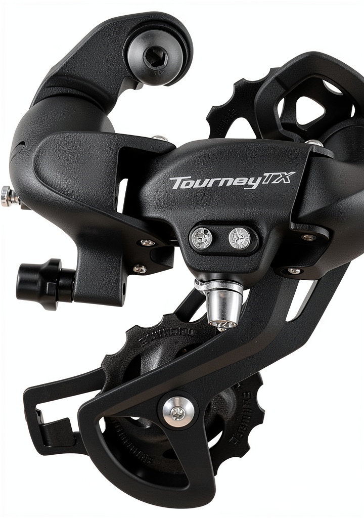 Shimano Tourney rear derailleur installed on a mountain bike