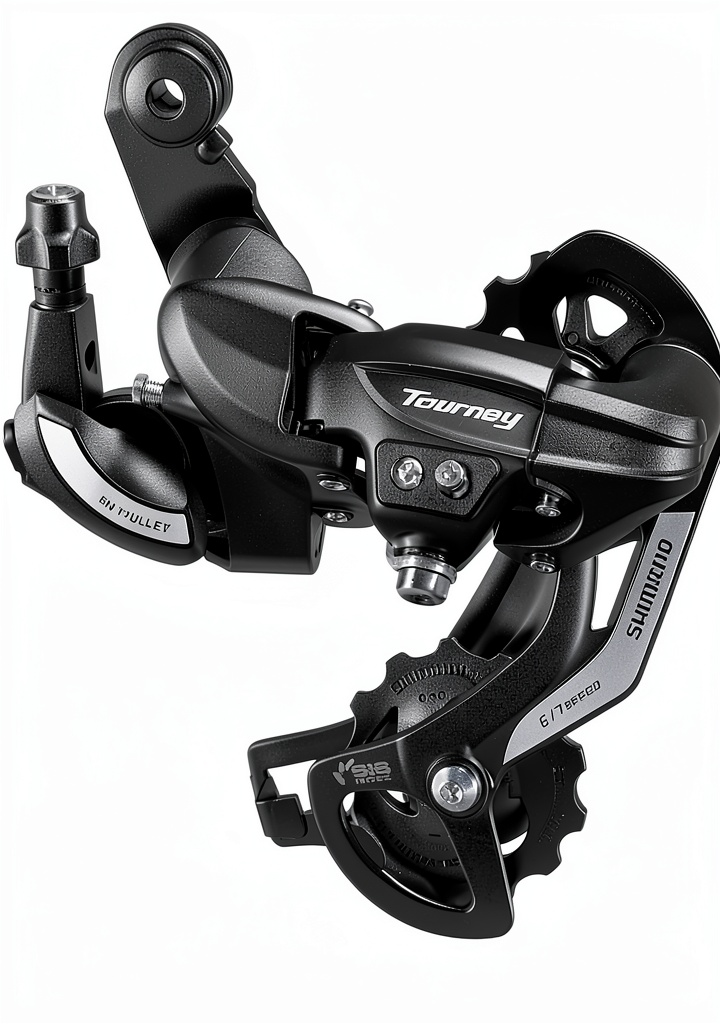 Shimano Tourney rear derailleur installed on a bike frame